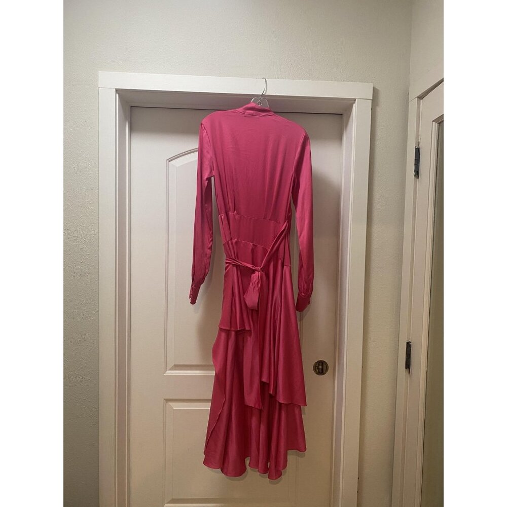 PatBO Hi-Low Maxi Wrap Dress Womens 2 Pink Satin Long Sleeve Ruffle Party - Picture 6 of 6